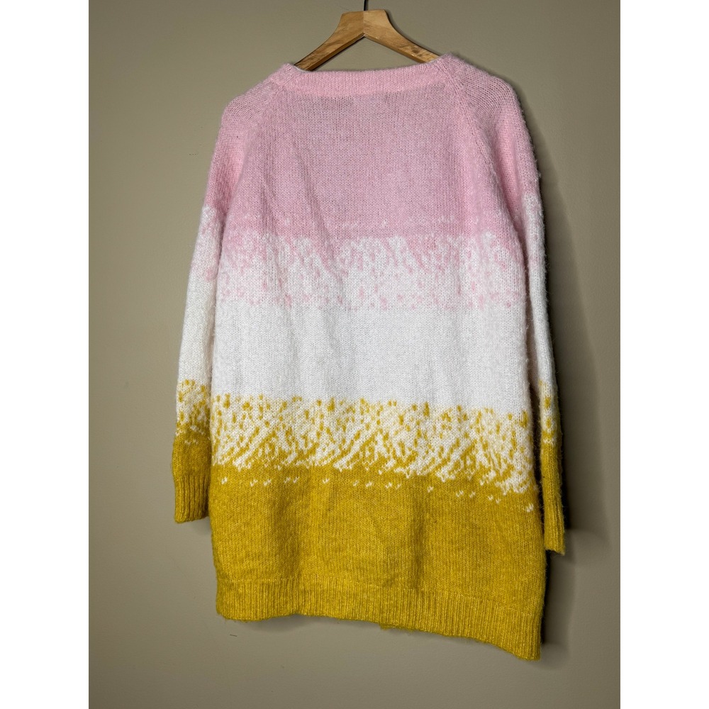 FRNCH Paris Pink White Mustard Yellow Colorblock Fuzzy Cardigan Sweater S/M - Picture 8 of 8